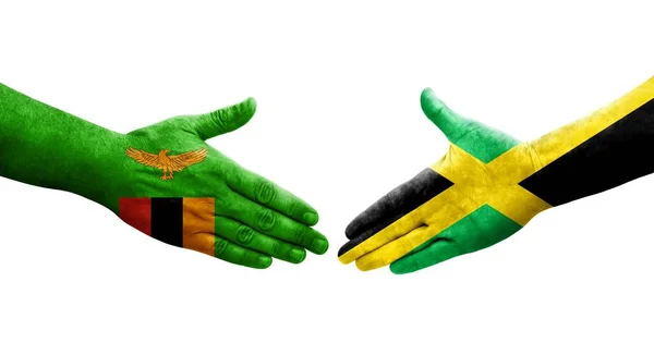 Handdruk Tussen Jamaica Zambia Vlaggen Geschilderd Handen Geïsoleerd Transparant Beeld — Stockfoto