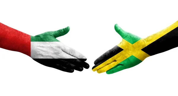 Händedruck Zwischen Jamaikanischen Und Vae Flaggen Aufgemalte Hände Isoliertes Transparentes — Stockfoto