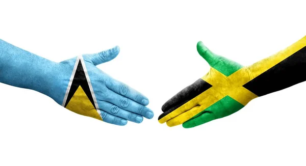 Рукопожатие Между Флагом Ямайки Сент Люсии Нарисованное Руках Изолированное Прозрачное — стоковое фото