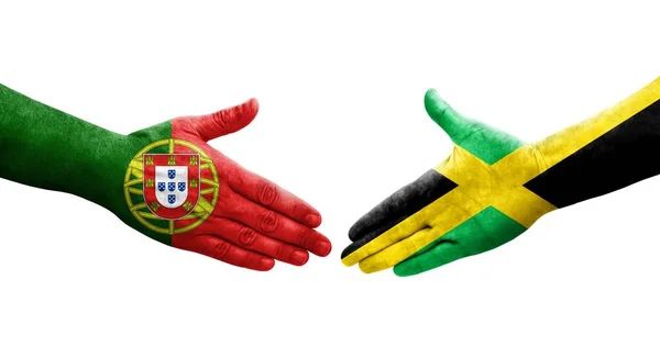Händedruck Zwischen Jamaikanischen Und Portugiesischen Flaggen Auf Hände Gemalt Isoliertes — Stockfoto