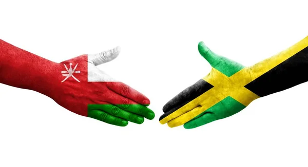 Рукопожатие Между Флагом Ямайки Омана Нарисованное Руках Изолированное Прозрачное Изображение — стоковое фото