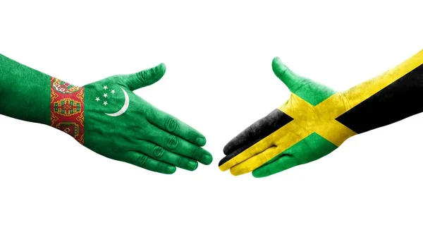 Рукопожатие Между Флагом Ямайки Туркменистана Нарисованное Руках Изолированное Прозрачное Изображение — стоковое фото
