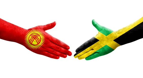 Handslag Mellan Jamaica Och Kirgizistan Flaggor Målade Händer Isolerad Transparent — Stockfoto
