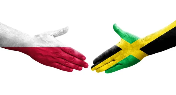 Apretón Manos Entre Jamaica Polonia Banderas Pintadas Las Manos Imagen —  Fotos de Stock