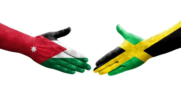 Håndtrykk Mellom Jamaica Jordan Flagg Malt Hender Isolert Transparent Bilde – stockfoto