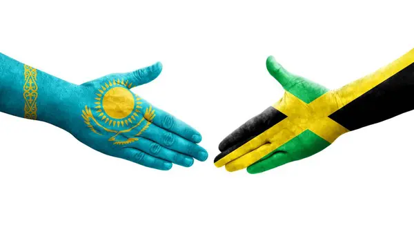 Рукопожатие Между Флагом Ямайки Казахстана Нарисованное Руках Изолированное Прозрачное Изображение — стоковое фото