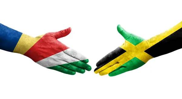 Рукопожатие Между Флагом Ямайки Сейшельских Островов Нарисованное Руках Изолированное Прозрачное — стоковое фото