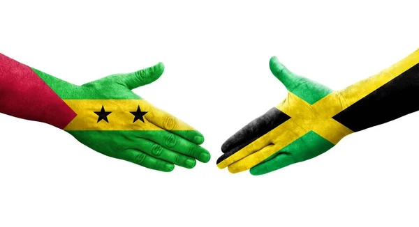 Handdruk Tussen Jamaica Sao Tomé Principe Vlaggen Geschilderd Handen Geïsoleerd — Stockfoto