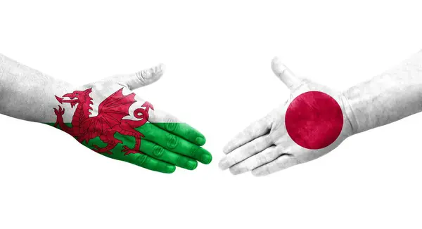 手描きで描かれた日本とウェールズの国旗との握手 隔離された透明なイメージ — ストック写真
