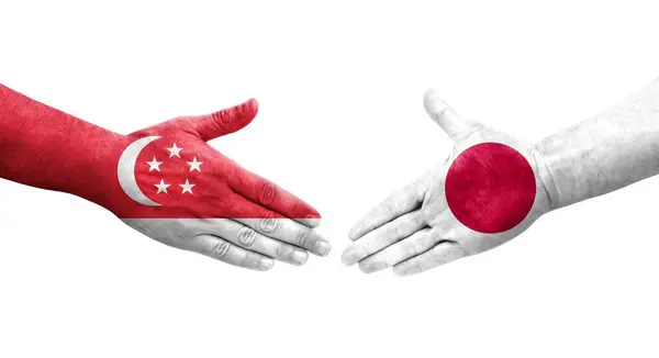 Aperto Mão Entre Japão Singapura Bandeiras Pintadas Mãos Imagem Transparente — Fotografia de Stock