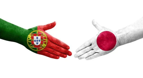 Handslag Mellan Japan Och Portugal Flaggor Målade Händer Isolerad Transparent — Stockfoto