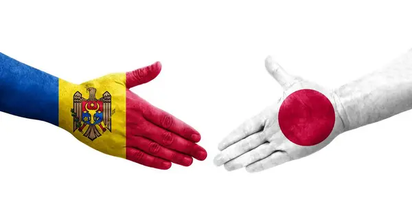 Stretta Mano Tra Giappone Moldavia Bandiere Dipinte Mani Isolata Immagine — Foto Stock