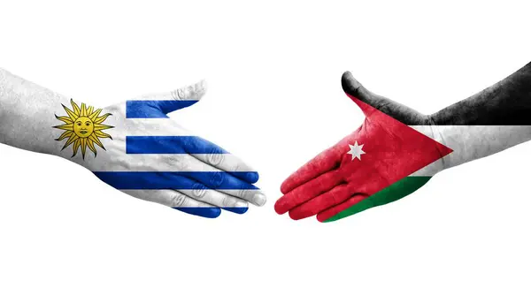 Jordan Uruguay Bayrakları Arasındaki Sıkışma Ellerinde Resmedilmiş Şeffaf Görüntü — Stok fotoğraf