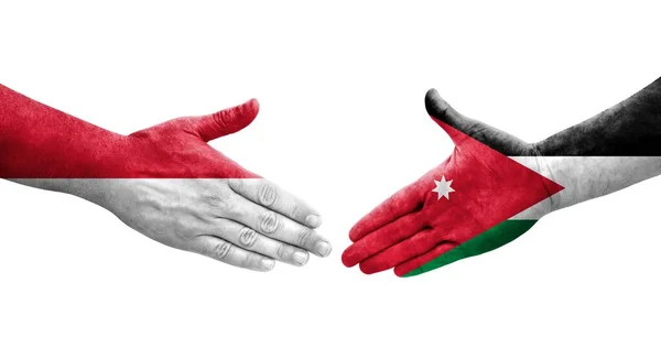 Aperto Mão Entre Bandeiras Jordânia Mónaco Pintadas Mãos Imagem Transparente — Fotografia de Stock