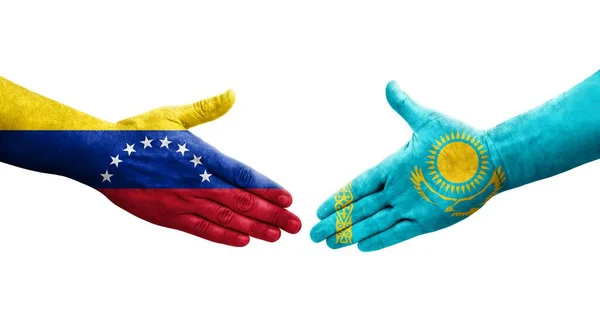 Aperto Mão Entre Cazaquistão Venezuela Bandeiras Pintadas Mãos Imagem Transparente — Fotografia de Stock