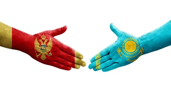 Stretta Mano Tra Kazakistan Montenegro Bandiere Dipinte Mani Immagine Isolata — Foto Stock