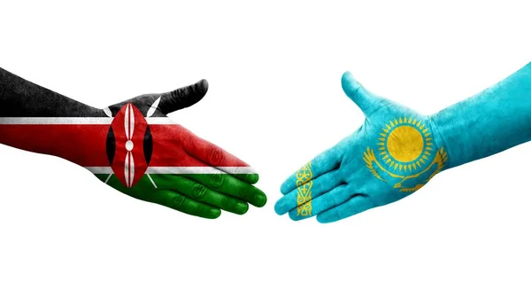 Strângere Mână Între Kazahstan Kenya Steaguri Pictate Mâini Imagine Transparentă — Fotografie, imagine de stoc