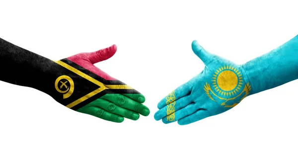 Χειραψία Μεταξύ Καζακστάν Και Βανουάτου Σημαίες Ζωγραφισμένα Στα Χέρια Απομονωμένη — Φωτογραφία Αρχείου