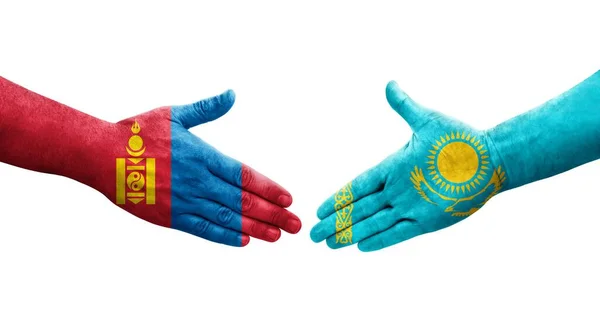 Рукостискання Між Казахстаном Монгольськими Прапорами Намальоване Руках Ізольоване Прозоре Зображення — стокове фото
