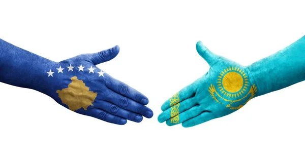 Aperto Mão Entre Cazaquistão Bandeiras Kosovo Pintadas Mãos Imagem Transparente — Fotografia de Stock