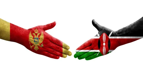 Apretón Manos Entre Kenia Montenegro Banderas Pintadas Las Manos Imagen —  Fotos de Stock