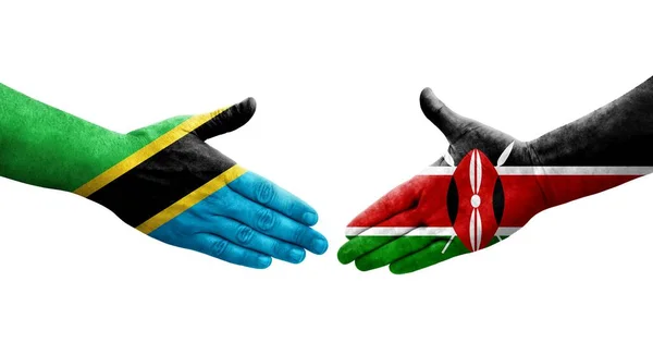 Aperto Mão Entre Quénia Tanzânia Bandeiras Pintadas Mãos Imagem Transparente — Fotografia de Stock