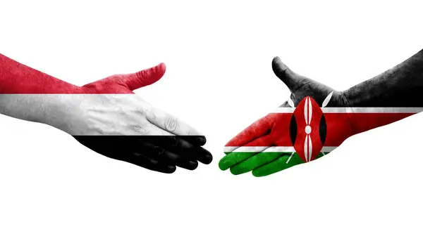 Poignée Main Entre Kenya Yémen Drapeaux Peints Sur Les Mains — Photo