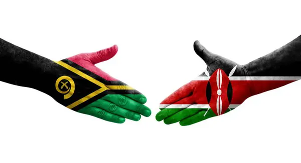 stock image Handshake between Kenya and Vanuatu flags painted on hands, isolated transparent image.