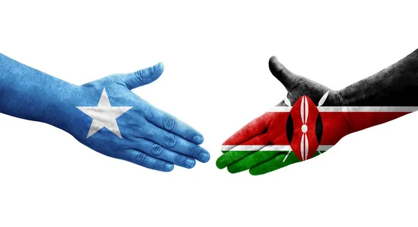 Poignée Main Entre Kenya Somalie Drapeaux Peints Sur Les Mains — Photo
