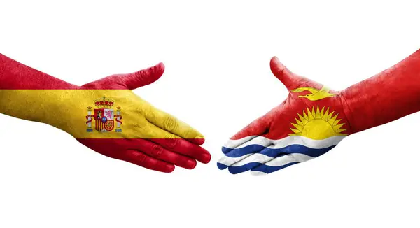 基里巴斯和西班牙国旗之间的握手手绘 孤立透明的图像 — 图库照片