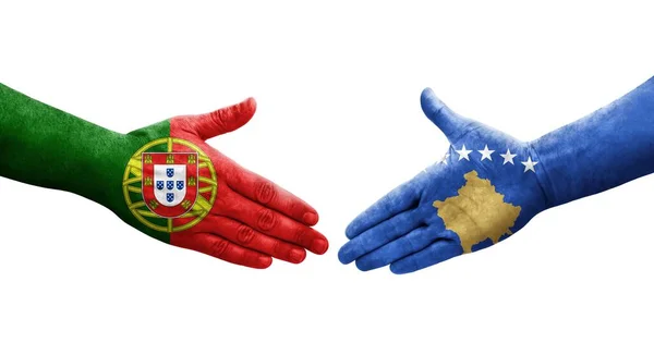 Uścisk Dłoni Między Flagami Kosowa Portugalii Namalowanymi Rękach Odizolowany Przejrzysty — Zdjęcie stockowe