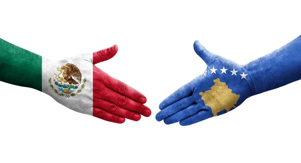 Händedruck Zwischen Kosovo Und Mexiko Flaggen Auf Hände Gemalt Isoliertes — Stockfoto