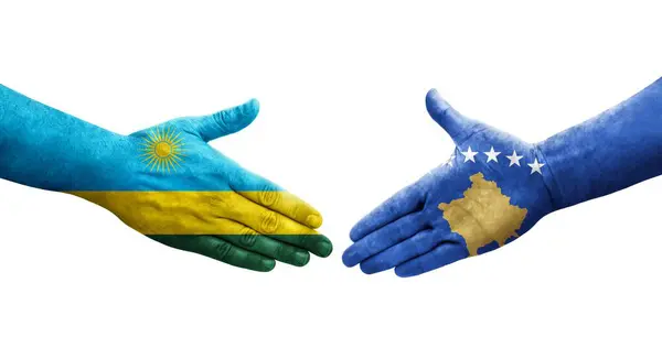 Apretón Manos Entre Kosovo Ruanda Banderas Pintadas Las Manos Imagen —  Fotos de Stock