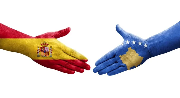 코소보와 스페인의 국기가 그려지는 가운데 이미지를 악수를 나누며 — 스톡 사진