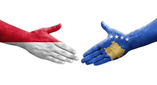 Aperto Mão Entre Bandeiras Kosovo Mónaco Pintadas Mãos Imagem Transparente — Fotografia de Stock