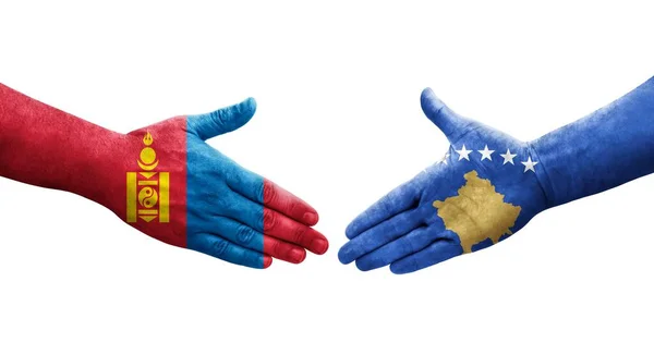 Handshake Kosovo Mongolia Flags Painted Hands Isolated Transparent Image — Stock Photo, Image