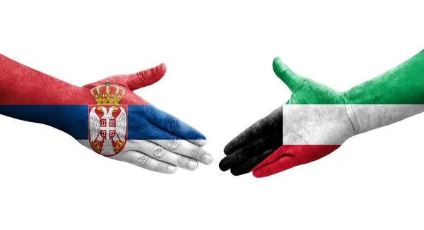 Apretón Manos Entre Kuwait Serbia Banderas Pintadas Las Manos Imagen — Foto de Stock
