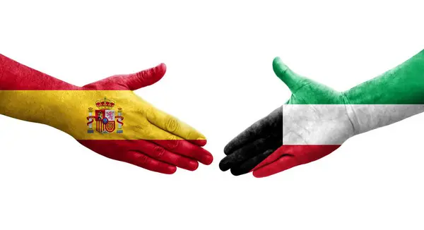 Χειραψία Μεταξύ Κουβέιτ Και Της Ισπανίας Σημαίες Ζωγραφισμένα Στα Χέρια — Φωτογραφία Αρχείου