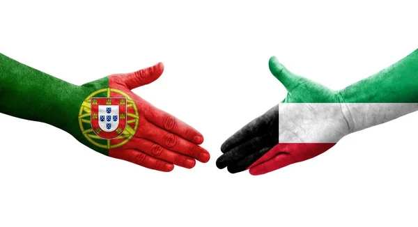 Händedruck Zwischen Kuwait Und Portugal Fahnen Auf Hände Gemalt Isoliertes — Stockfoto