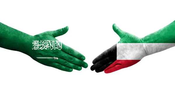 Händedruck Zwischen Kuwait Und Saudi Arabien Fahnen Auf Hände Gemalt — Stockfoto