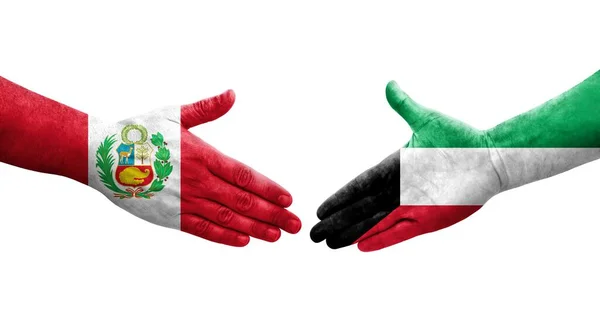 Apretón Manos Entre Kuwait Perú Banderas Pintadas Las Manos Imagen — Foto de Stock