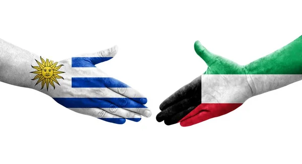 Händedruck Zwischen Kuwait Und Uruguay Fahnen Auf Hände Gemalt Isoliertes — Stockfoto
