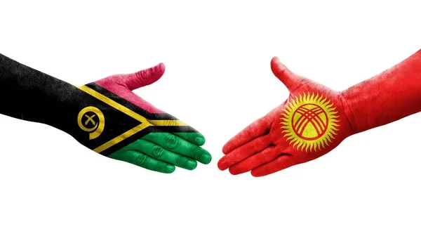 Aperto Mão Entre Quirguistão Bandeiras Vanuatu Pintadas Mãos Imagem Transparente — Fotografia de Stock