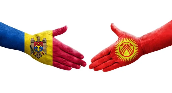Händedruck Zwischen Kirgisistan Und Moldawien Fahnen Auf Hände Gemalt Isoliertes — Stockfoto