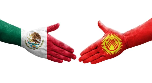 Stretta Mano Tra Kirghizistan Messico Bandiere Dipinte Mani Immagine Isolata — Foto Stock