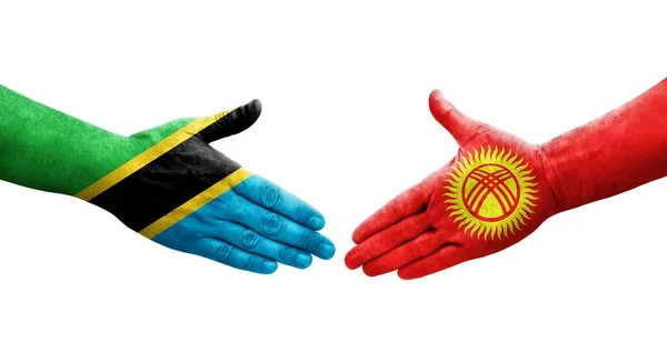 Aperto Mão Entre Quirguistão Bandeiras Tanzânia Pintadas Mãos Imagem Transparente — Fotografia de Stock