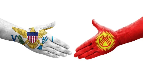 Aperto Mão Entre Quirguistão Ilhas Virgens Bandeiras Pintadas Mãos Imagem — Fotografia de Stock