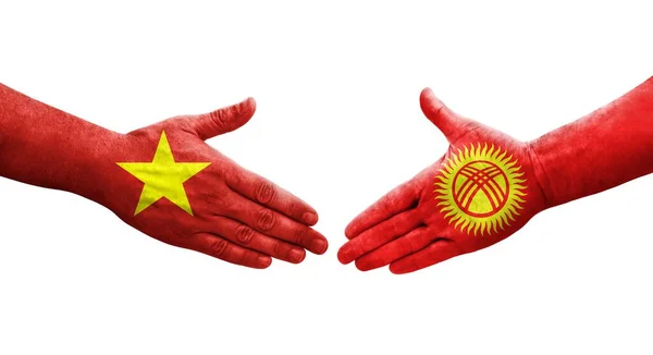 Рукостискання Між Киргизстаном Єтнамськими Прапорами Намальоване Руках Ізольоване Прозоре Зображення — стокове фото