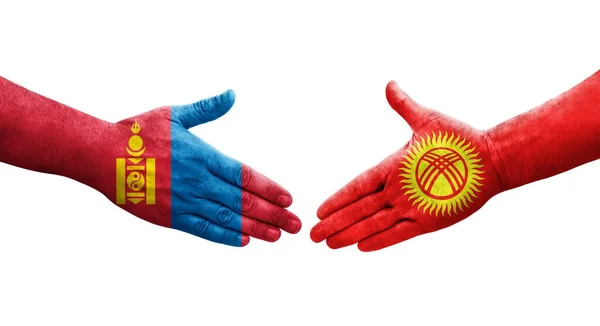Aperto Mão Entre Quirguistão Bandeiras Mongólia Pintadas Mãos Imagem Transparente — Fotografia de Stock