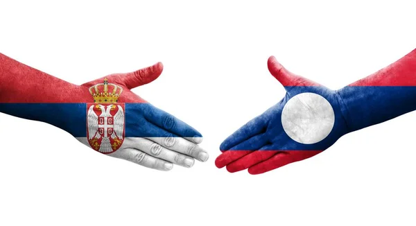 Χειραψία Μεταξύ Λάος Και Σερβίας Σημαίες Ζωγραφισμένες Στα Χέρια Απομονωμένη — Φωτογραφία Αρχείου